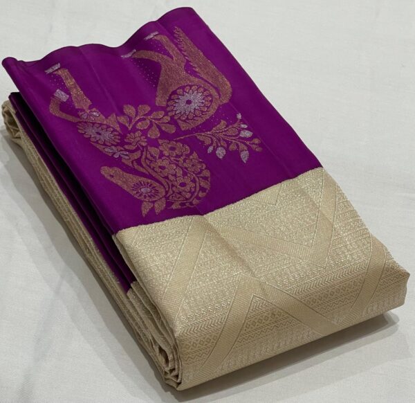 Cream Kanjivaram Silk Saree With Rich Purple Border