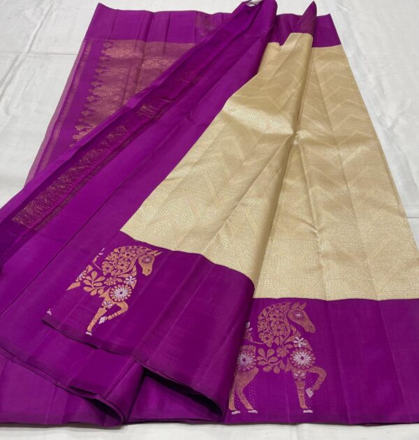 Cream Kanjivaram Silk Saree With Rich Purple Border