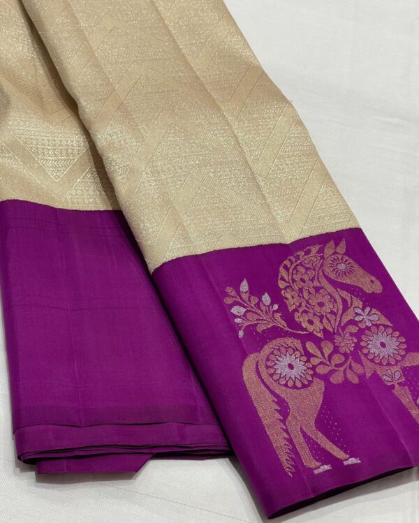 Cream Kanjivaram Silk Saree With Rich Purple Border