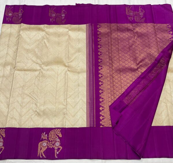 Cream Kanjivaram Silk Saree With Rich Purple Border