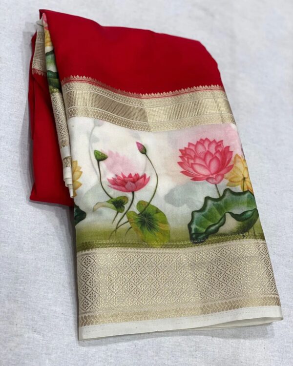 Exquisite Red Mysore Silk Saree with White Digital Printed Border and Pallu