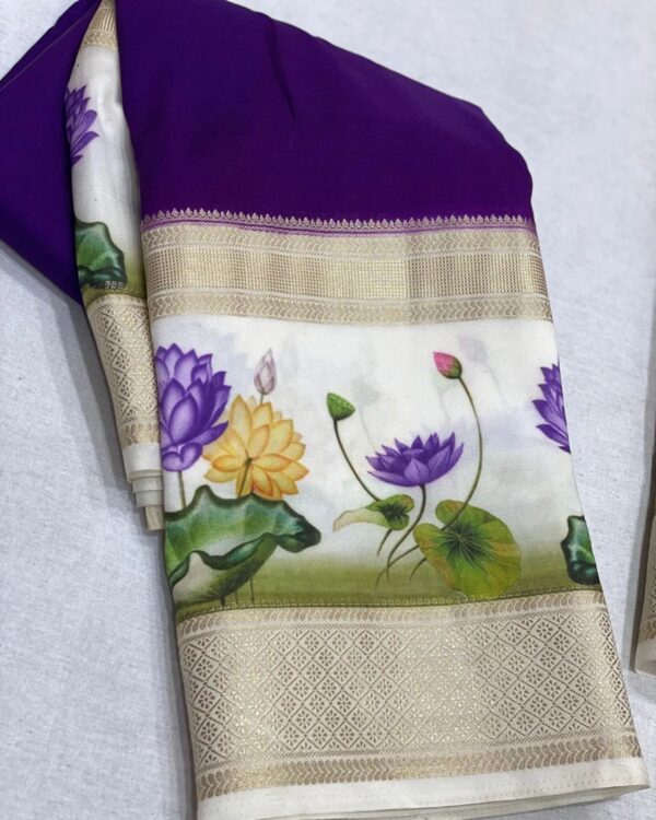 Violet Mysore Silk Saree with White Digital Printed Border and Pallu