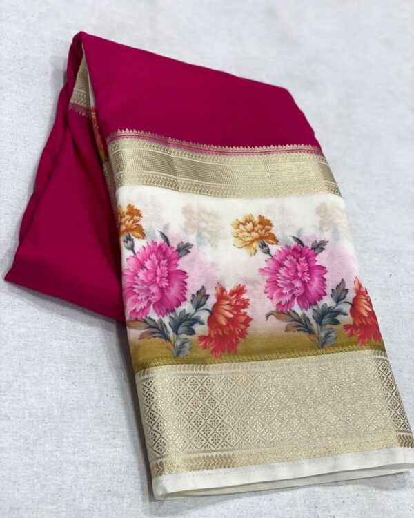 Rani Pink Mysore Silk Saree with White Digital Printed Border and Pallu