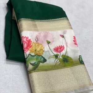 Bottle Green Mysore Silk Saree with White Digital Printed Border and Pallu