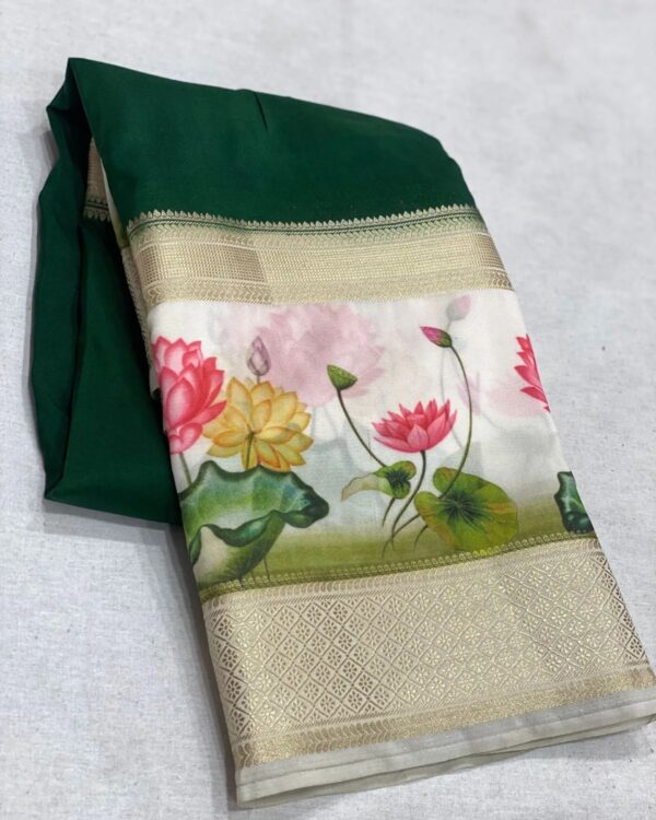 Bottle Green Mysore Silk Saree with White Digital Printed Border and Pallu