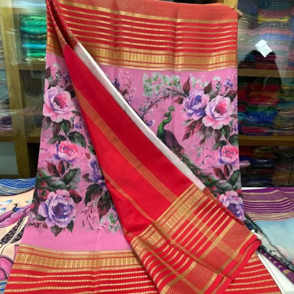 Printed Mysore Silk Saree in Dark Baby Pink with Red Border