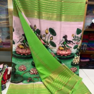 Printed Mysore Silk Saree in Light Baby Pink with Parrot Green Border