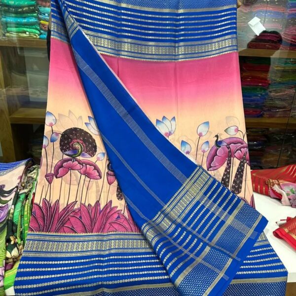 Mysore Silk Saree in Pink, Cream, and Royal Blue