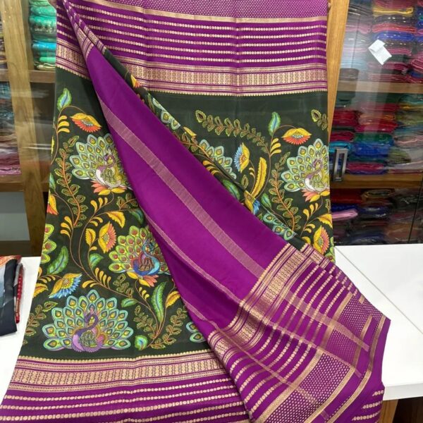 Mehndi Green With Purple Mysore Silk Saree