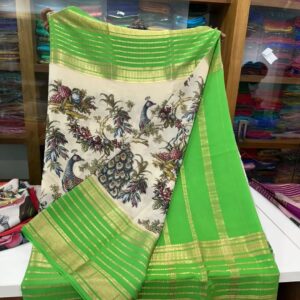 Mysore Silk Saree In Cream With Parrot Green