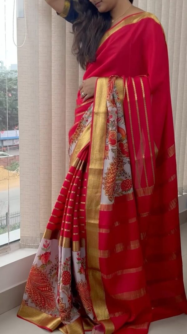 Red Mysore Silk Saree With Printed Border