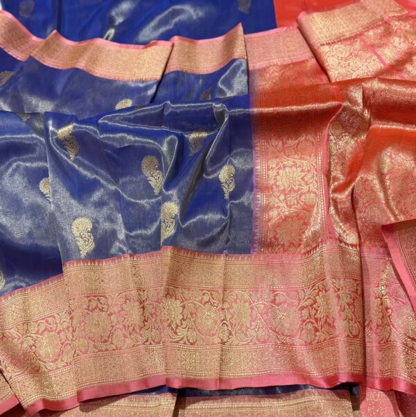 Blue With Pastel Pink Banarasi Tissue silk saree