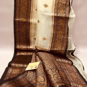 Beautiful pure light weight Banarasi Organza Silk Saree in Cream With Coffee Brown