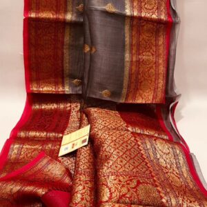 Beautiful pure light weight Banarasi Organza Silk Saree in Gray With Red