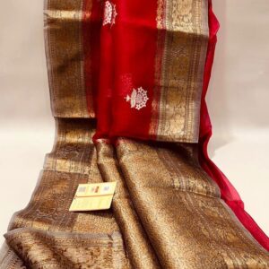 Beautiful pure light weight Banarasi Organza Silk Saree in Red With Gray