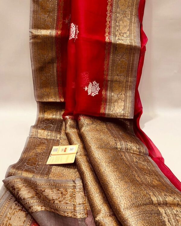 Beautiful pure light weight Banarasi Organza Silk Saree in Red With Gray