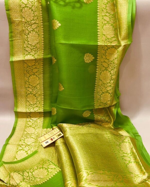 Beautiful pure light weight Banarasi Organza Silk Saree in Parrot Green