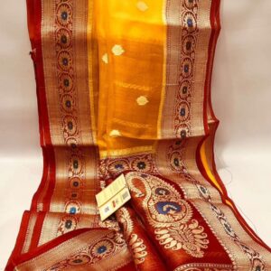 Beautiful pure light weight Banarasi Organza Silk Saree In Mango Yellow And Red