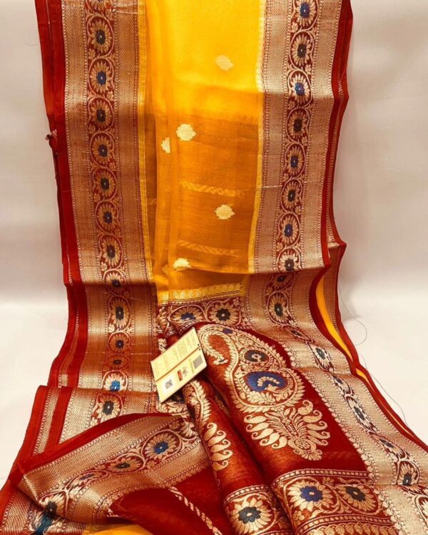 Beautiful pure light weight Banarasi Organza Silk Saree In Mango Yellow And Red