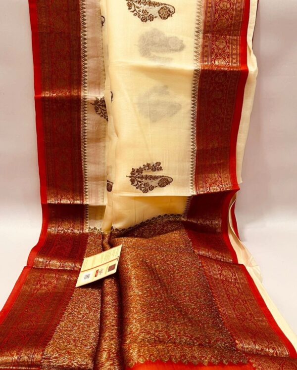 Beautiful pure light weight Banarasi Organza Silk Saree in Cream With Red