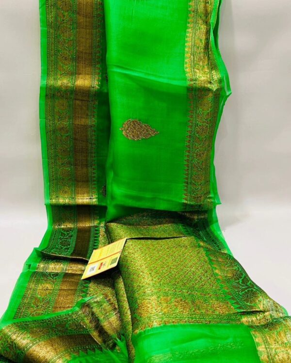 Beautiful pure light weight Banarasi Organza Silk Saree In Parrot Green