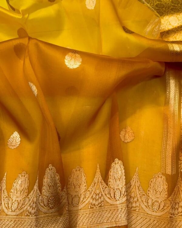 Beautiful pure light weight Banarasi Organza Silk Saree In Mustard Yellow