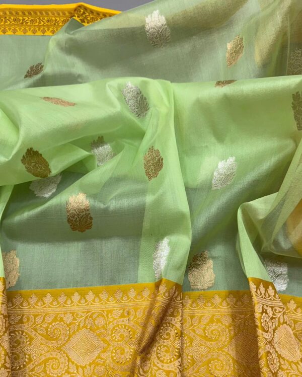 Pista Green With Mango yellow Banarasi Kora Organza Saree