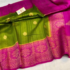 Banarasi Tussar Silk Saree in Parrot Green With Pink