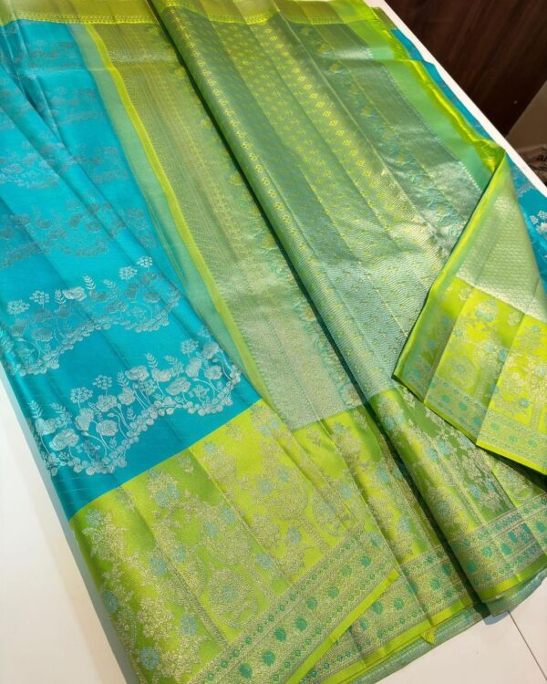 Aqua Blue Kanjivaram Silk Saree With Pastel Color Border