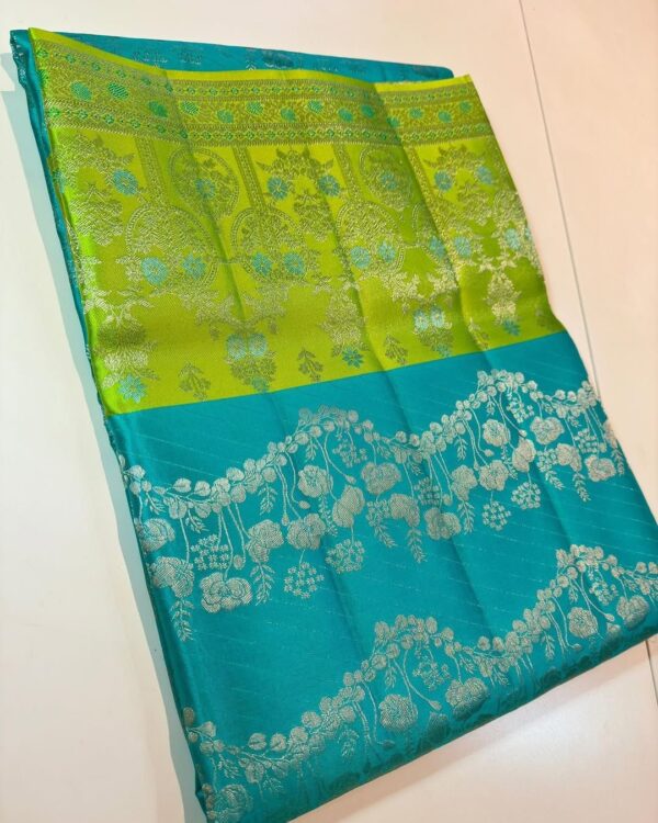 Aqua Blue Kanjivaram Silk Saree With Pastel Color Border