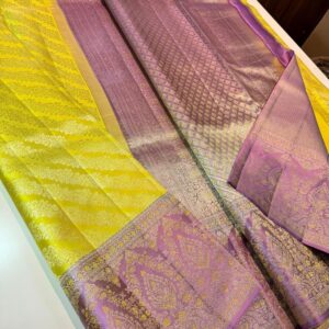 Yellow Kanjivaram Silk Saree With Pink Border