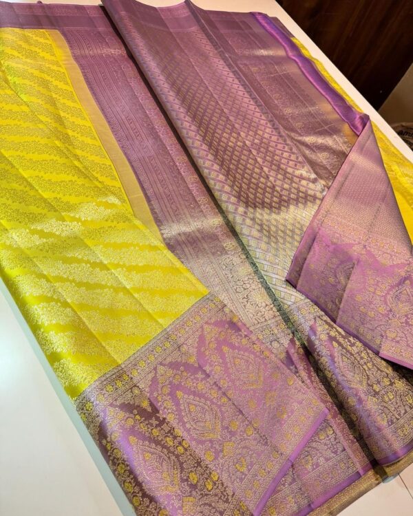 Yellow Kanjivaram Silk Saree With Pink Border