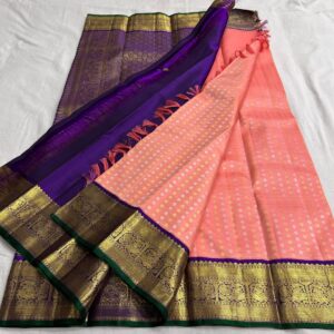 Kanjivaram Silk Saree in Coral Pink with Blue Border