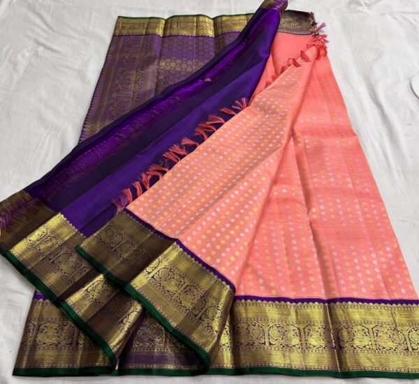 Kanjivaram Silk Saree in Coral Pink with Blue Border