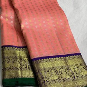 Kanjivaram Silk Saree in Coral Pink with Blue Border