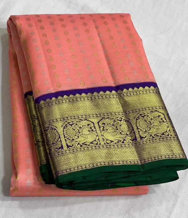 Kanjivaram Silk Saree in Coral Pink with Blue Border