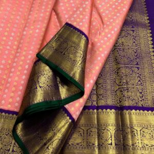 Kanjivaram Silk Saree in Coral Pink with Blue Border