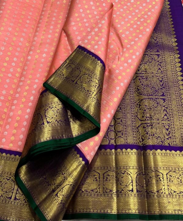 Kanjivaram Silk Saree in Coral Pink with Blue Border