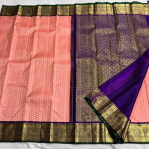 Kanjivaram Silk Saree in Coral Pink with Blue Border