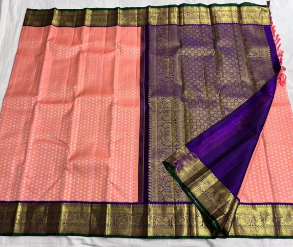 Kanjivaram Silk Saree in Coral Pink with Blue Border