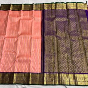 Kanjivaram Silk Saree in Coral Pink with Blue Border