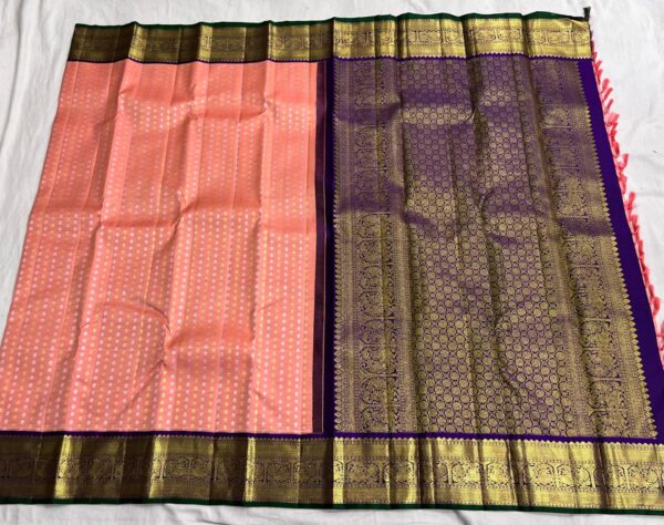 Kanjivaram Silk Saree in Coral Pink with Blue Border