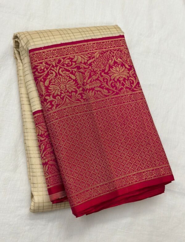 Cream and Magenta Kanjivaram Silk Saree