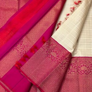 Cream and Magenta Kanjivaram Silk Saree