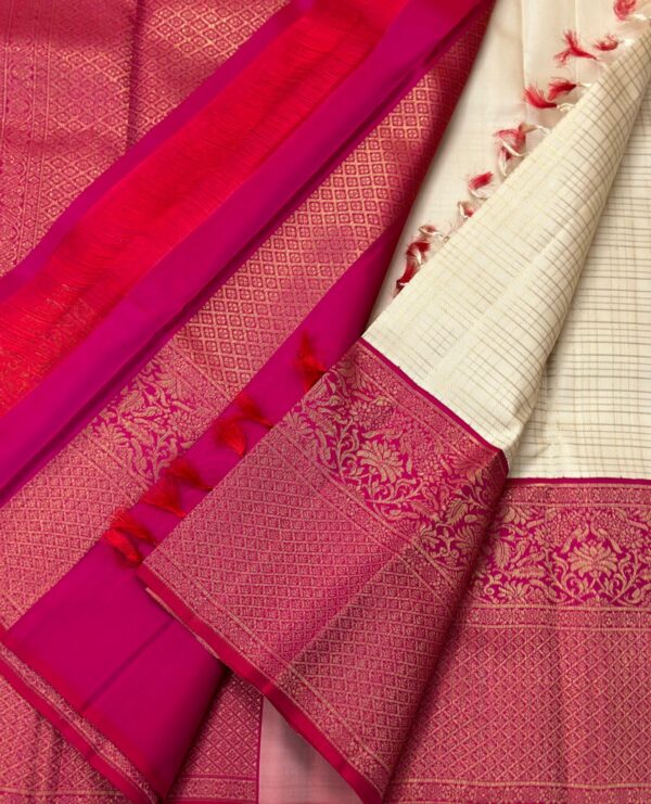 Cream and Magenta Kanjivaram Silk Saree