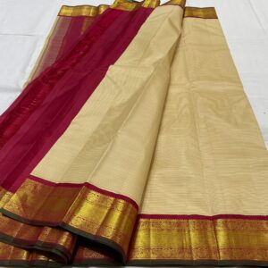 Dark Cream Kanjivaram Silk Saree With Maroon Red Border