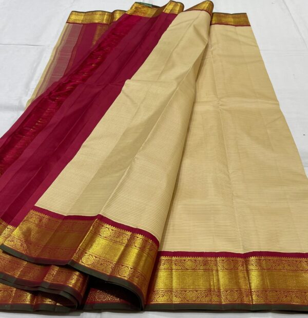 Dark Cream Kanjivaram Silk Saree With Maroon Red Border