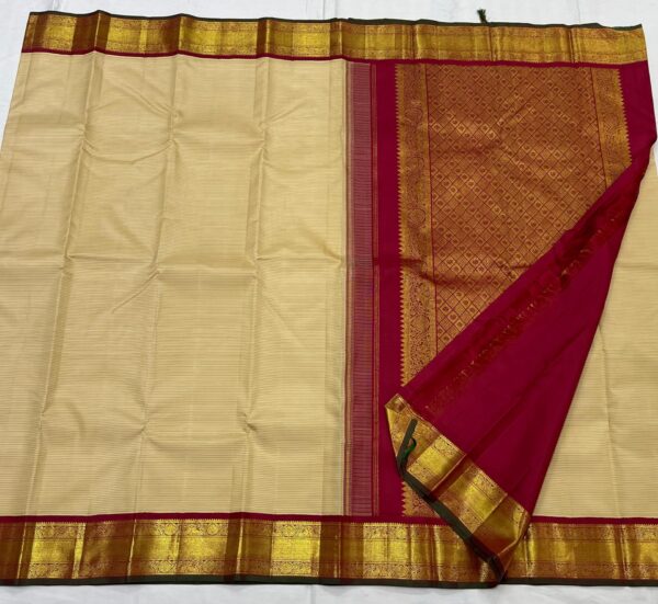 Dark Cream Kanjivaram Silk Saree With Maroon Red Border