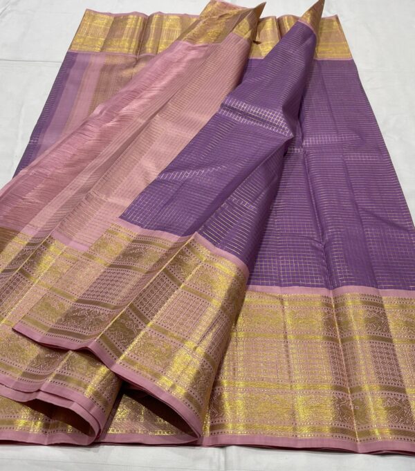 Pastel Color Kanjivaram Silk Saree With Gold Zari Small Checks