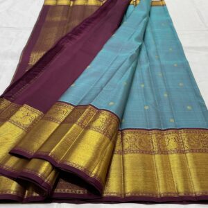 Kanjivaram Silk Saree in Teal Blue with Coffee Brown Border